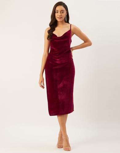 Image of Anvi Be Yourself Women's Solid Shoulder Strap Sleeveless Velvet Bodycon Dress || Trendy Womens Cowl Neck Strappy Sheath Casual Dress with Side Slit || Western Plain One Piece Dress for Women Maroon