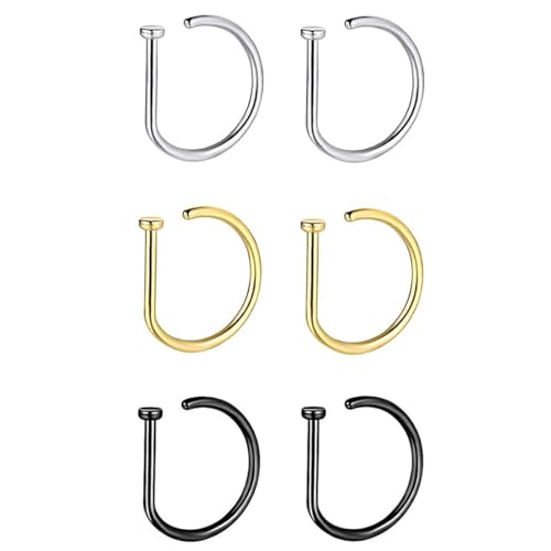 OISJHW 6 Piercings De Anillo En Forma De D De Acero Inoxidable 20 G Para Nariz, Círculos Abiertos Para Septum 3 Colores De La Nariz Anillos Hipoalergénicos Nostril Piercing D Ring Hoop Para El Tabique