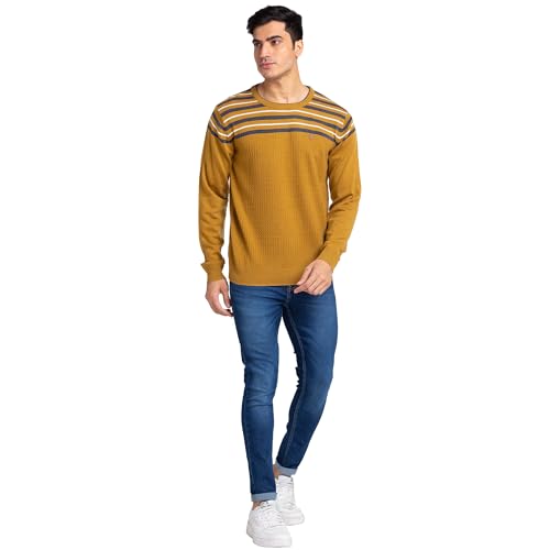 Image of Raymond Men's Regular Fit Acrylic Wool Blend Round Neck Stripe Pattern Full Sleeve Sweater