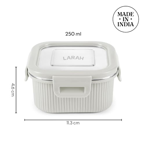 Image of Larah by BOROSIL Freshbyte Food Storage Container with Airtight Stainless Steel Lid | Fridge Container for Lunchbox | Food Grade | Microwave Safe (Grey, 250 ml, Square)