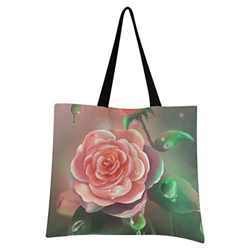 Rosenpflanze Rosa Blume Einkaufstasche Faltbar Leicht Wiederverwendbare Stofftasche Dauerhaft Handtasche Tragbare Aufbewahrung für Reisen Frauen Mädchen