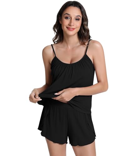 Image of NACHILA Women's Cami Pajamas-Viscose Made from Bamboo, Cool Camisole Pajama Sets Ribbed Pjs Shorts Set Sleeveless Sleepwear