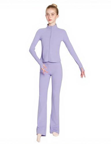 Girls Stand Collar Zipper Elastic Slim Coat, High Waist Flare Pants, Kids Athletic Yoga Dance Gym Set