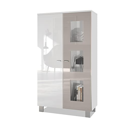 Vladon Vitrine de Salon Denjo, Vitrine sur Pied avec 2 Portes et 3 vitres, Blanc Mat/Blanc Haute Brillance/Gris Sable Haute Brillance (71 x 129 x 35 cm)