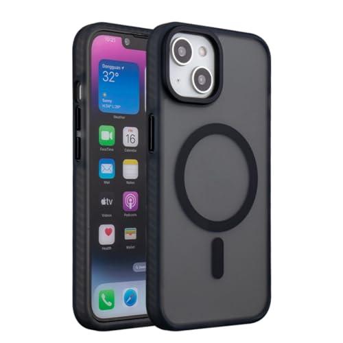 Image of MagIT Hybrid Case for iPhone 14 / iPhone 13 (6.1-inch) with Colored Frosted PC Back, TPU Full Body Frame, MagSafe Wireless Charging Compatible, Colored Aluminium Buttons (Black)