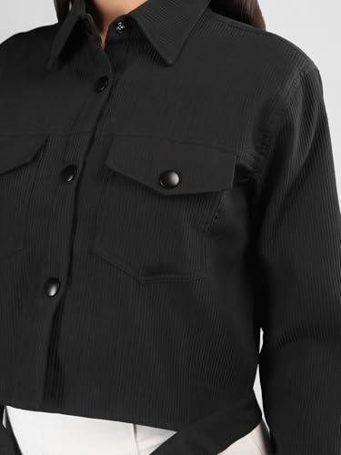 Image of CHKOKKO Solid Crop Jackets for Women stylish latest Long Sleeve Stylish Winter Shirt Jacket Casual Outerwear for Office