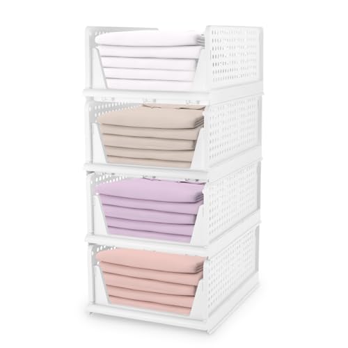 Esilihom 4 Pack Stackable Plastic Storage Basket, Foldable Closet Organisers Storage Bins, Clothes Drawer Containers Organisation for Wardrobe Cupboard Kitchen Bathroom Office, White