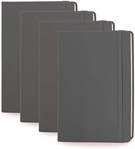 Simply Genius Lined Hardcover Notebook Set - 4-Pack, A5, Gray - Ruled Notebooks for School & Business - Travel Journal with Gusseted Pocket & Elastic Closure