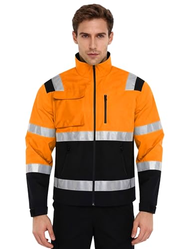 LiiYii Giacca Bomber Alta visibilità Uomo Giacca da Lavoro Riflettente Felpa con Cerniera e Tasche Cappotto di Sicurezza con Protezione di Avvertimento Arancia 2XL