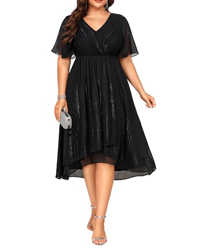 Image of Talisea Plus Size Cocktail Dress - Formal Wedding Guest Fall Long Sleeve A Line Pleated V Neck Midi Dresses for Curvy Women