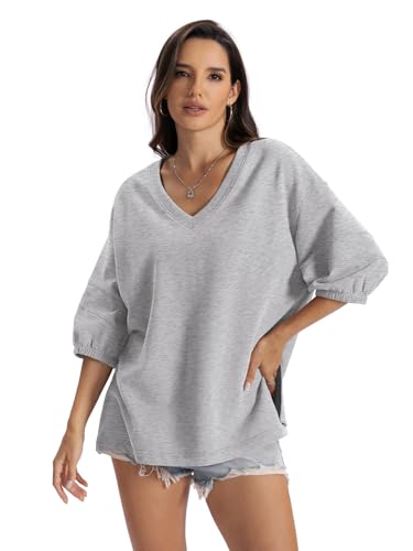 EasyGala Womens Cotton V Neck Sweatshirt 3/4 Sleeve Slouchy Fit Going Out Tops Trendy Side Slit Work Shirt Casual Fall Lightweight Outfits Y2K Winter Clothes 2025 Grey Medium — view 3