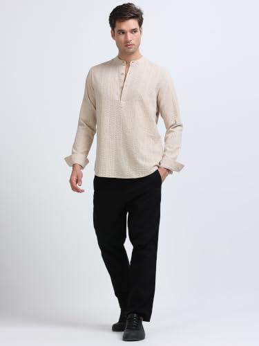Image of StitchX Men's Seersucker Band Collar Pure Cotton Striped Kurta Shirt-S-2XL