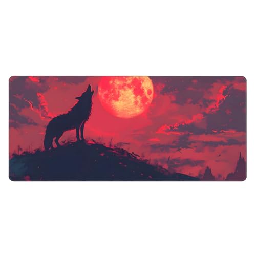 Image of Wolf Animal Red Moon Extended Gaming Mouse Pad, with Stitched Edges Large Mouse Pad Desk Protector, Rubber Base Mousepad Keyboard Mouses Mat for Work Game Office Home- 32 inch X 12 inch Inch