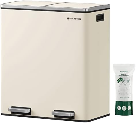SONGMICS Mülleimer, 2 x 30 Liter, 2 Fächer, Mülltrennsystem, Treteimer, Abfalleimer Küche, 15 Müllsäcke, Metall, Inneneimer aus Kunststoff, Klappdeckel, Softclose, luftdicht, mande