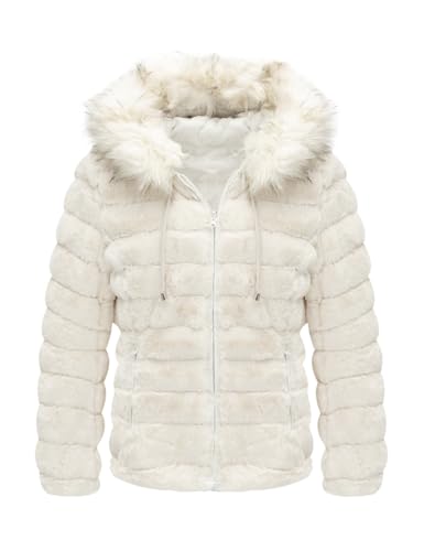 Geschallino Damen Wende jacke Kunstfelljacke Steppmantel Gepolsterter Kurz Wintermantel mit Kapuze 19225 Weiß L
