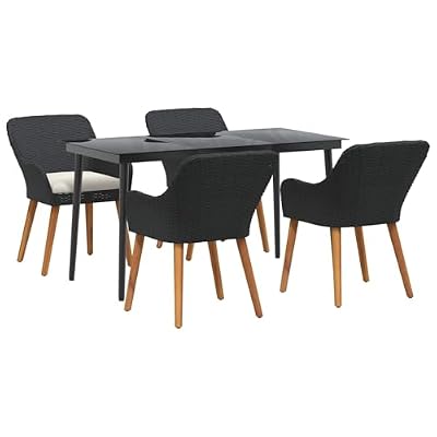 GHVBNMF Garden Dining Set 5 Pieces Black Poly Rattan Outdoor Furniture with 4 Cushioned Chairs and Tempered Glass Table for Patio Backyard Garden Porch