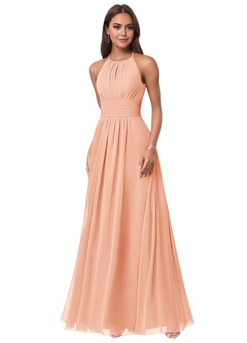 Women's Halter Peach Prom Party Dress 2025 A Line Sleeveless Bridesmaid Dress for Juniors US16