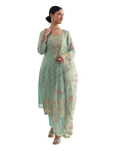 Image of Libas Woven Design Silk Blend Straight Kurta With Trousers and Dupatta | daily wear suit