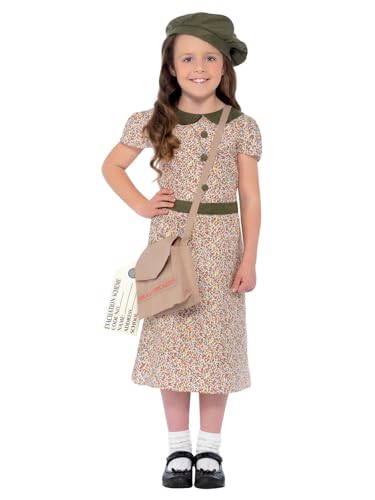 Smiffys Evacuee Girl Costume Patterned with Dress Satchel ID Tag & Beret Girls Fancy Dress 1940s Dress Up Costumes