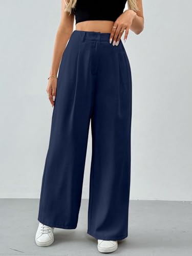 Image of Solid High Waist Straight Korean Loose Pleated Wide Leg Trouser for Women's & Girl's