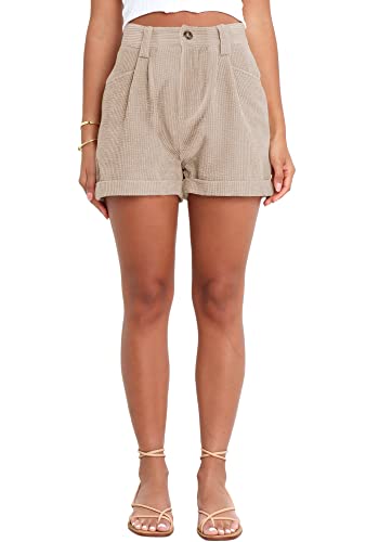 Danedvi Womens Summer Shorts Mid-Waist Cuffed Hem Corduroy Shorts With Pockets Light Khaki #TOP3