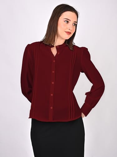 Image of Women's Regular Fit Solid Pleated Cotton Blend Shirts