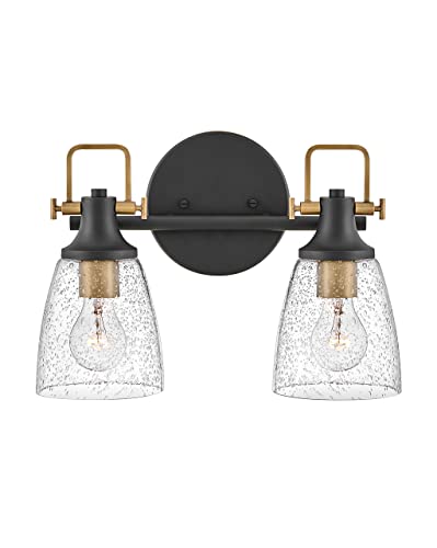 Image of Hinkley Easton Two Light Bath Vanity Fixture, Modern Industrial, Clear Seedy Glass Shade, Mounts Up or Down, Black and Heritage Brass