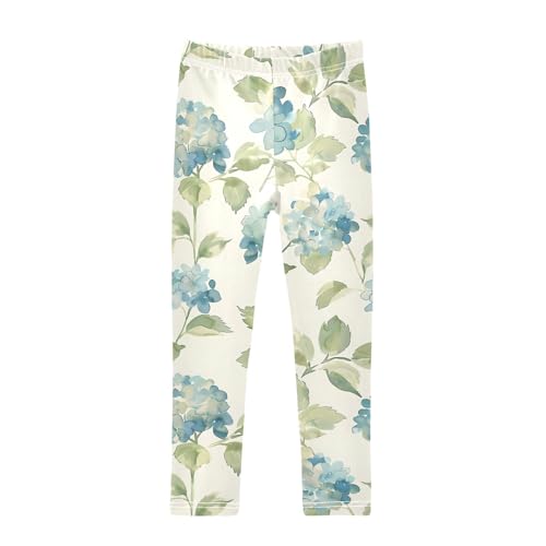 Watercolor Blue Hydrangea Pattern Girls Leggings Soft Stretch Workout Yoga Dance Pants for Kids Casual Tights