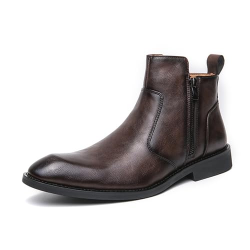 Mens Leather Dress Chelsea Ankle Boots With Double Side Zip Classic Retro Comfortable Pointed Toe Low Block Heel Slip On Business Chukka Boots For Casual Work Office Formal, Brown, 10