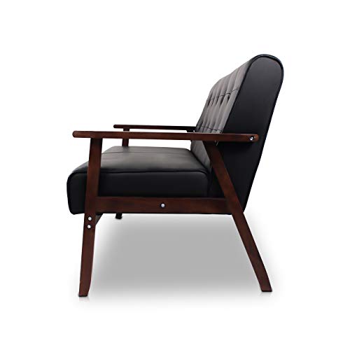 Jiasting Mid-Century Modern Solid Loveseat Sofa Upholstered Faux Leather Couch 2-Seat Wood Armchair Living Room/Outdoor Lounge Chair,50”W Black #TOP1