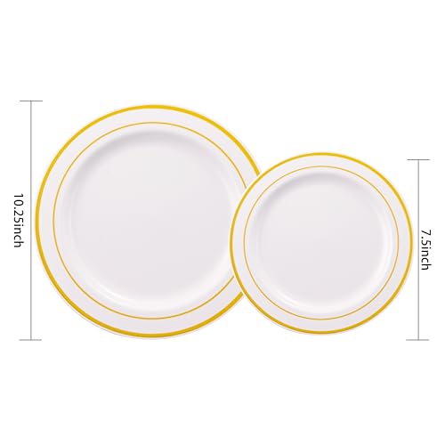 I00000 43551-107763 102 Pieces Gold Plastic Party Plates White Gold Rim, 51 Heavy Duty Gold Dinner Plates 10.25 Inch And 51 Disposable Dessert Appetizer Elegant Fancy Wedding Plates 7.5 Inch thumb #1