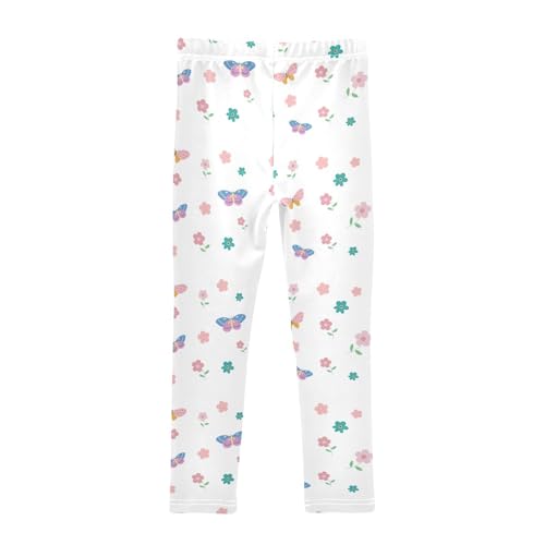 Flowers and Butterfly on White Girls Leggings,Workout Leggings for Girls Toddler Athletic Leggings Size for 3-10T2