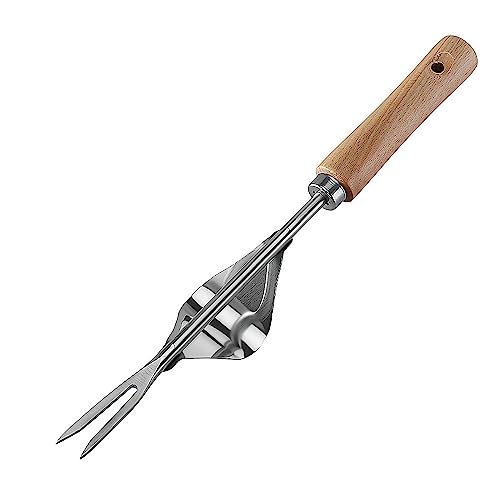 Comimark 1pc Wood Handle Stainless Steel Garden Weeder, Hand Weeding Removal Cutter Puller Tools, Multifunction Weeder Transplant