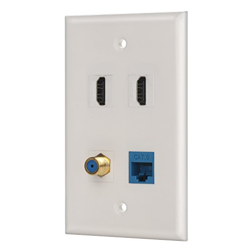 IBL-4 Port Wall Plate with Coaxial TV Cable F Type + Cat6 Ethernet +2 HDMI Keystone Female to Female Jack in White