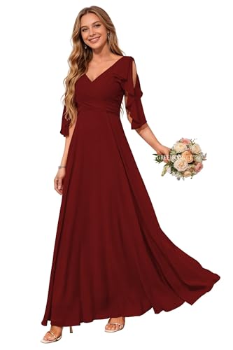 Image of Women Bridesmaid Dresses with Sleeves for Wedding V Neck Chiffon Long A Line Pleated Formal Evening Gown