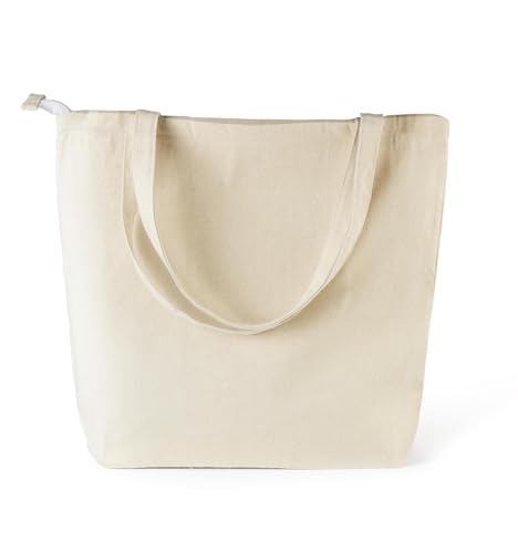 Bolsa grande de lona con cierre de cremallera y bolsillo interior, bolsa de compras reutilizable de algodón resistente de 280 g/m², bolsa de hombro extragrande para mujeres, viajes, trabajo (Natural)
