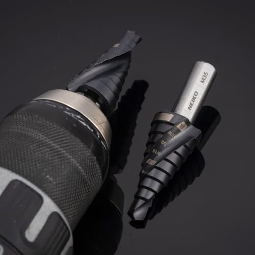Image of NEIKO 10606B Step Drill Bit, 9 Steps 1 /4 inch to 3 /4 inch Spiral M35 Cobalt, AlTiSiN Coated, 3 /8 inch Tri-Flat Step Bits for Steel, Metal, Wood, Plastic, Unibit Cone Drill Bits, Two Flute