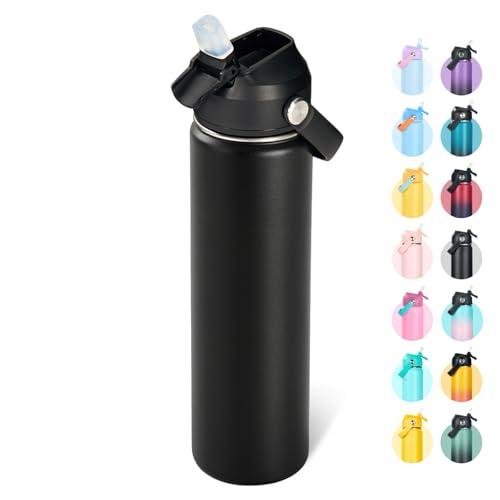 Fijinhom 24oz Insulated Stainless Steel Water Bottle, Wide Mouth Double Wall Vacuum, Silicone Straw, Sweat & Leak Proof, BPA Free Insulated Water Flask for Travel, Keep Cold 24h Hot 12h, Black