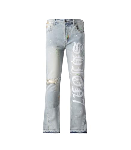 Generic SHION7 Men's Relaxed Fit Bell Bottom Jeans, Ripped On Knee 100% Cotton Heavy Denim Pants with Hand Paint (US, Waist, 30, Regular, Blue)3