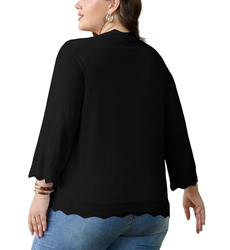OLRIK Plus Size Cardigan for Women 3/4 Sleeve Lightweight Casual Open-Front Ribbed Wave Edges Knit Cropped Shrugs Sweaters3