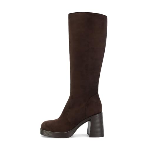 Image of SOVANYOU Black Leather Boots Platform Boots for Women Fashion Square Toe Chunky Block Heeled Boots Side Zip