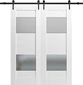 Modern Double Barn Door 72 x 84 inches with Opaque Glass 2 Lites/Sete 6222 White Silk / 13FT Rail Track Set/Solid Panel Interior Doors
