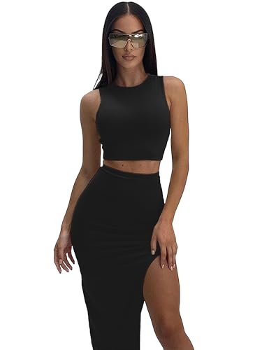 ELLEVEN Sexy 2 Piece Maxi Skirt Sets for Women - Knit Bodycon Crop Tank Top and High Slit Skirt Dress Set, Summer Outfits2