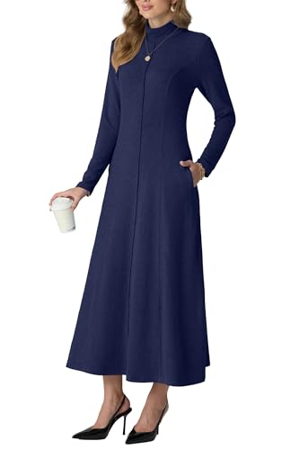 GRECERELLE Women's 2025 Fall Winter Casual Mock Neck Long Sleeve Flared Maxi Sweater Dress with Pockets (XS - 3XL)