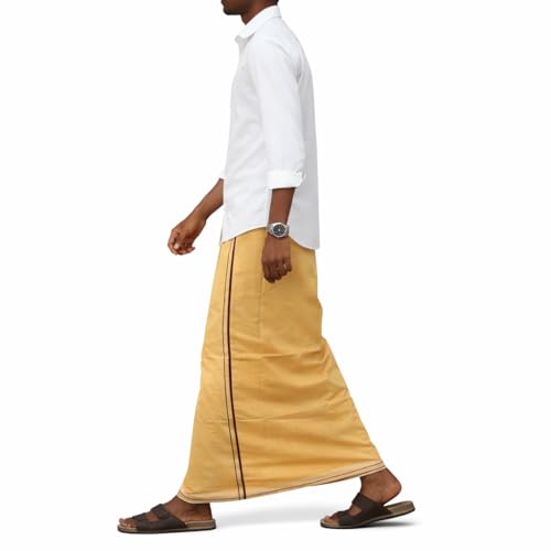 Image of Pure Cotton Dhoti for Men (1.28 x 1.87 m) | Solid Panchalu with Varied Small Color Border | Kerala Cotton Veshti, Khadi Dhoti | Lightweight Pooja & Temple Wear