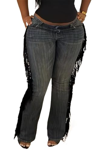 Women's High Waisted Bell Bottom Jeans Tassels Distressed Flared Stretchy Y2K Denim Pants Streetwear