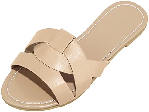 Husmeu Women's Summer Flat Slip on Sandals for Women Beach Shoes Low Heel Slip On Sliders for Ladies Casual Holiday Vacation Natural 10-10.5