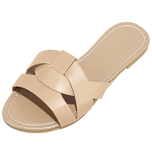 Husmeu Women's Summer Flat Slip On Sandals For Women Beach Shoes Low Heel Slip On Sliders For Ladies Casual Holiday Vacation Natural 10-10.5 #TOP3