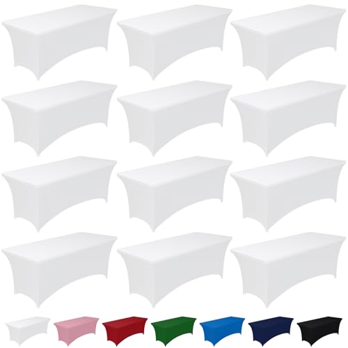 Image of Pureegg Spandex Tablecloth 6ft - 12 Pack, Fitted and Tight Cloth for Rectangle Table, Wrinkle-Free and Stretch Table Cover for Party, Wedding, Banquet and Birthday, White