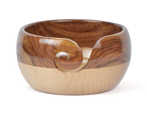 Image of Large Wooden Yarn Bowl | Handmade Knitting Wool Storage Bowl | Yarn Holder Dispenser with Holes to Prevent Slipping and Tangles for Knitting & Crocheting (Brown & Offwhite)